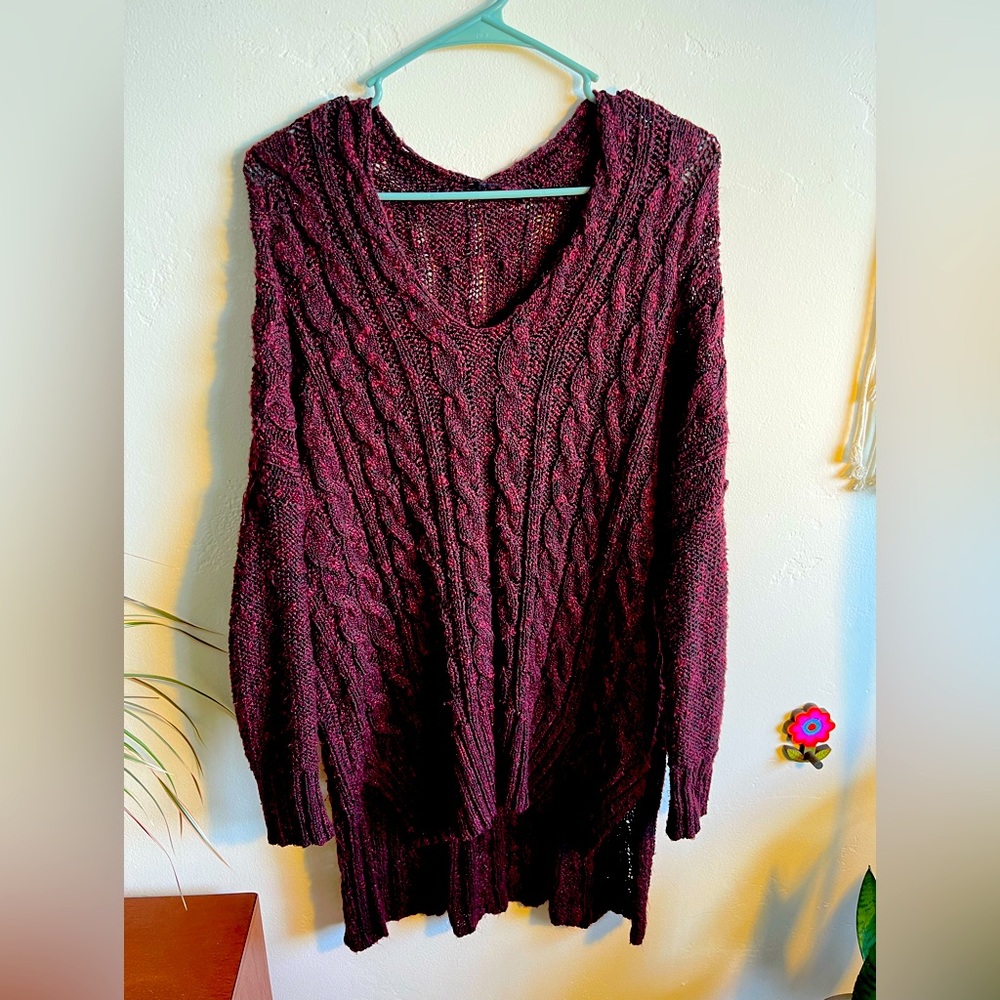 Cozy Long Maroon Cable Knit V-Neck Sweater